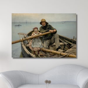 Helping Hand,1881,Emile Renouf, Old Fisherman helping young girl to row the boat,canvas print,Helping Hand art,Canvas Reproduction