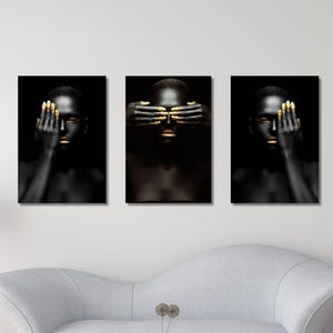 Canvasset Afrikaanse vrouw, zwart en goud muurdecoratie