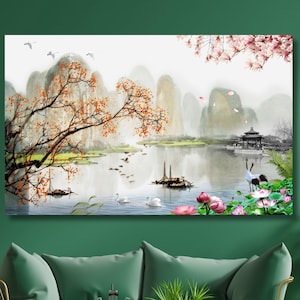 Japanese Landscape Canvas Wall Art Cloud and Sunrise Japanese Painting,Japan Print Wall DecorJapanese Painting of Pine Trees Canvas Wall Art