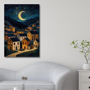 Stampa ispirata a Klimt, stampa artistica di Gustav Klimt, arte murale di Klimt, poster di paesaggio del villaggio, tela magica con cielo e luna