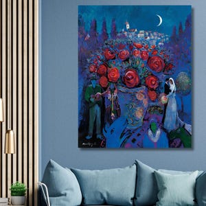 Marc Chagall Rosas Arte de pared en lienzo, Arte surrealista en lienzo, Arte de pared en lienzo con flores de Chagall, Póster de exposición, Arte surrealista en lienzo