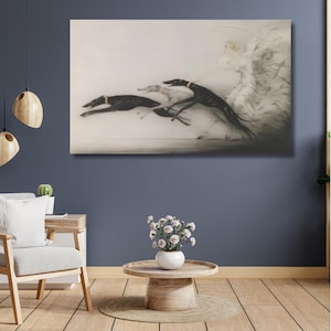 Speed by Louis Icart, Louis Icart Canvas Print, Icart Canvas Wall Art, Fashion Lady with Greyhounds Print, Louis Icart Reproduction Painting
