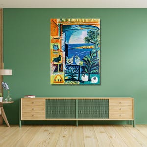 Pintura sobre lienzo de Pablo Picasso en la Costa Azul, pintura de exposición, pájaros de Picasso, pintura vintage de verano de Francia, La Costa Azul, casa de playa, océano