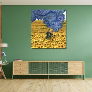 Van Gogh spielt Geige in einem Sonnenblumenfeld KUNST, abstrakte Landschaft, Blume, berühmte Gemälde, Bestsellerkunst, Vincent van Gogh, Naturmalerei
