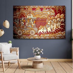 Krishna mit Arjun indische Kunst, gerollte Madhubani Leinwand Malerei, religiöse Leinwand Rolle, indische Malerei, indische Leinwand Kunst, indische Wohnkultur