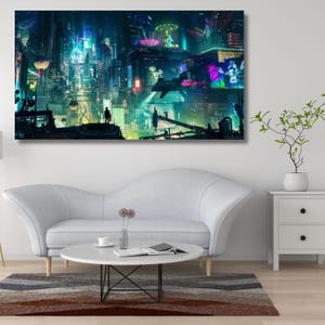 Neo Futuristic Cyberpunk City Poster Art Canvas,Cyberpunk City Wall Art,Man Cave Home Wall Decor,Living Room Wall Decor,Neo Futuristic Arts