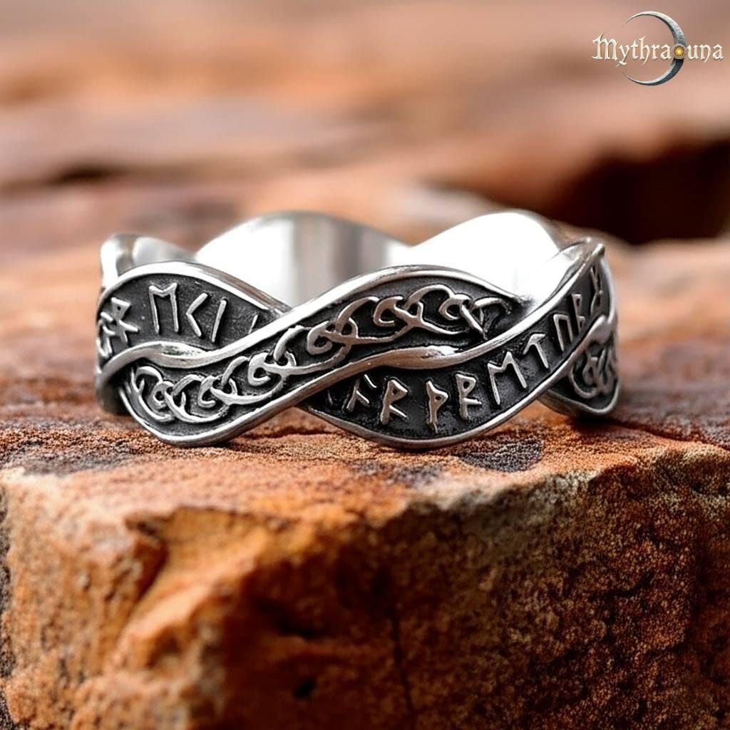 Viking Silver Ring Norse Runes Twisted Band Stainless Steel Celtic Mythology Odin Thor Pagan Jewelry Men Women Vintage Style Wedding Band