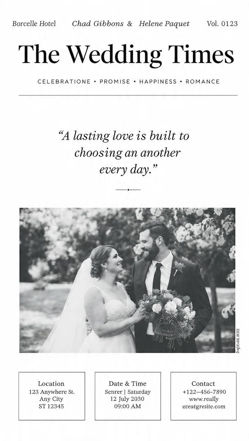 Może przedstawiać: Czarno-białe ogłoszenie ślubne zatytułowane The Wedding Times z Borcelle Hotel, Chad Gibbons & Helene Paquet, Vol. 0123. Zawiera cytat A lasting love is built to choosing an another every day, zdjęcie pary oraz dane kontaktowe.