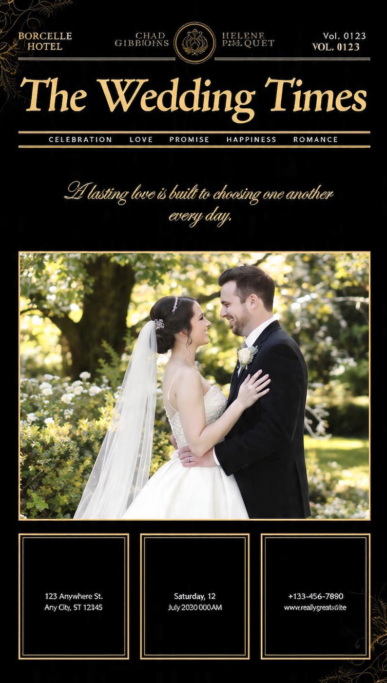 Może przedstawiać: Czarny szablon zaproszenia ślubnego z napisem The Wedding Times w złotym kolorze. Zawiera centralne zdjęcie pary w strojach wizytowych, cytat A lasting love is built to choosing one another every day oraz trzy ramki na szczeg&oacute;ły dotyczące wydarzenia.