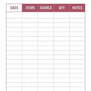 May include: An inventory tracker log sheet featuring the bold text INVENTORY TRACKER at the top. Below, a table with a maroon header row contains the labels DATE, ITEMS, SOURCE, QTY, and NOTES, followed by twenty-two blank rows for data entry.