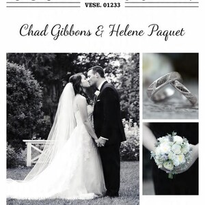 Może przedstawiać: Plakat z ogłoszeniem ślubnym z tekstem EXTRA! EXTRA! JUST MARRIED! VESE. 01233, Chad Gibbons & Helene Paquet oraz Saturday 12 July 2030. Zawiera czarno-białe zdjęcie całującej się pary, dwa pierścionki oraz bukiet kwiat&oacute;w.