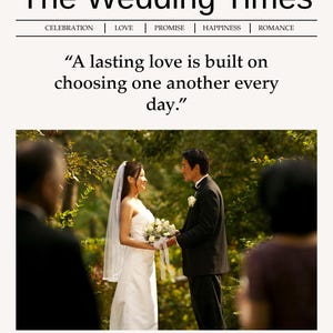 Może przedstawiać: Ogłoszenie ślubne w stylu gazety zatytułowane The Wedding Times z tekstem A lasting love is built on choosing one another every day. Przedstawia parę w formalnych strojach ślubnych trzymającą kwiaty w ogrodzie.