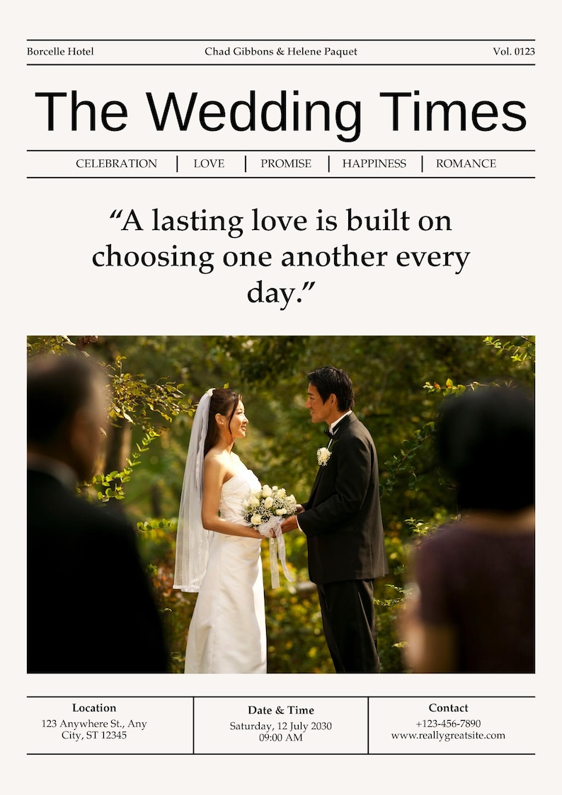 Może przedstawiać: Ogłoszenie ślubne w stylu gazety zatytułowane The Wedding Times z tekstem A lasting love is built on choosing one another every day. Przedstawia parę w formalnych strojach ślubnych trzymającą kwiaty w ogrodzie.