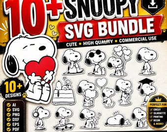 Pakiet SVG z ponad 10 postaciami Snoopy'ego Cricut, sylwetka, cięcie laserowe (pobieranie cyfrowe)