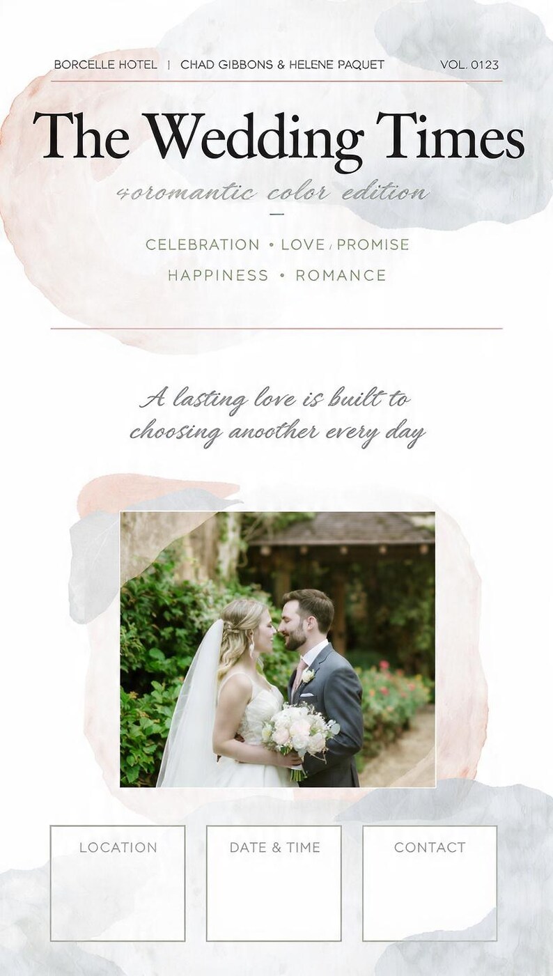Może przedstawiać: Szablon zaproszenia ślubnego zatytułowany The Wedding Times z akwarelowymi akcentami. Zawiera zdjęcie pary w strojach wizytowych, tekst A lasting love is built to choosing another every day oraz miejsca na lokalizację, datę, godzinę i dane kontaktowe.