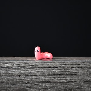 May include: A small, pink worm-shaped figurine with a smiling face. The figurine is set against a dark background and rests on a textured, gray surface. The worm has a simple, cartoonish design.