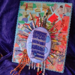 NEW LOWER PRICE BlueBurst colorful dimentional collage on canvas loom bead work crochet paper image 2