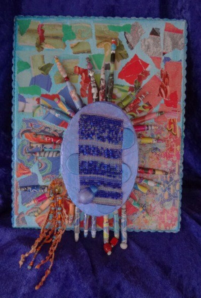 NEW LOWER PRICE BlueBurst colorful dimentional collage on canvas loom bead work crochet paper image 5