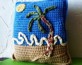 DAYDREAMIMG  BlueSky Beach  OOAK crocheted pillow