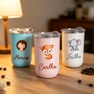 Bicchiere personalizzato con nome e animale dei cartoni animati, tazza in acciaio inossidabile personalizzata per bambini, regalo per neonati, tazza per l'acqua per bambini con coperchio