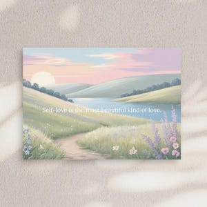Postal de acuarela pintada a mano: cita de amor propio, arte floral con atardecer, regalo motivacional, tarjeta inspiradora para el autocuidado y la positividad.