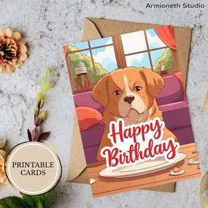 Lustige Geburtstagskarte für Hunde - Trauriger Welpe mit leerem Teller, ausdruckbare Glückwunschkarte für Tierliebhaber oder Freunde, sofortiger digitaler Download