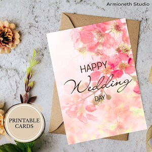 Hochzeitskarte zum Ausdrucken – “Happy Wedding Day” Rosa Blüte – Romantische faltbare Karte für Braut & Bräutigam – Digitaler Download – Geschenk zum Hochzeitstag