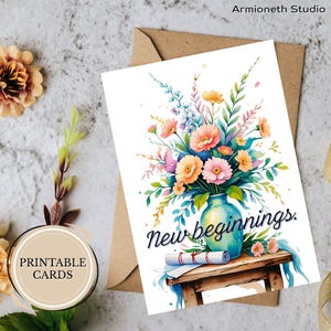 Tarjeta de Graduación Imprimible – "Nuevos comienzos". Flores de Acuarela y Diploma. Ánimo, Logro, Hito de Vida. Descarga Digital.