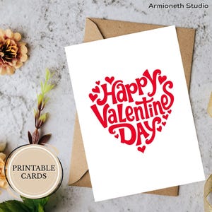Valentinstagskarte zum Ausdrucken – “Happy Valentine’s Day” in Herz Typografie – Faltbare digitale Liebesnotiz – Sofortdownload