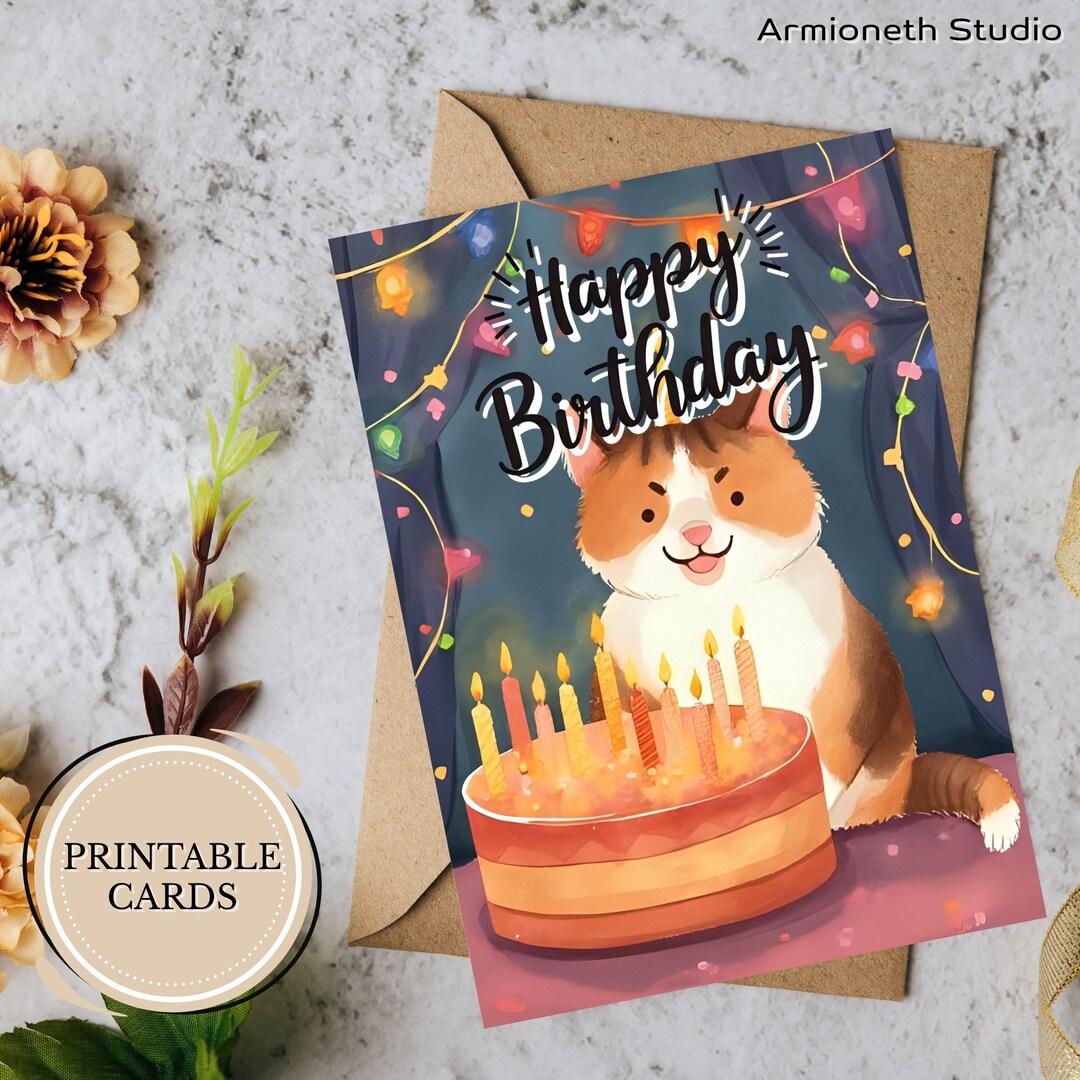 Printable Cat Birthday Card – Cute Kitty, Cake & Party Lights (digital ...
