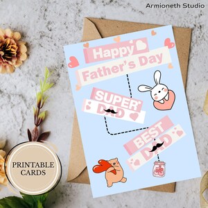 Biglietto d'auguri stampabile per la festa del papà: un simpatico e divertente biglietto d'auguri digitale con design a cartoni animati, la migliore idea regalo per un super papà, per bambini o familiari.