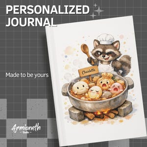 Personalized Raccoon Oden Hardcover Journal - Cute Hot Pot Notebook - Custom Name Food Cover - Lined Writing Gift