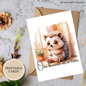 Druckbare, faltbare Karte – “One Breath at a Time” – Igel Aquarell Illustration – Faltbare Karte – Digitaler Download