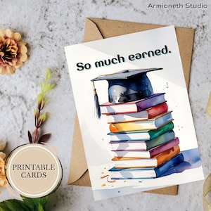 Druckbare Abschlusskarte – “So viel verdient” – Aquarell Bücher & Mütze – Ermutigung, stolzer Moment, Akademische Leistung – Digitaler Download