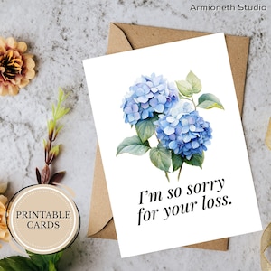 Carte de sympathie imprimable - « Je suis vraiment désolé pour votre perte » - Conception hortensia pour le confort, le deuil et un soutien doux