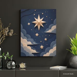 Starry Cloud Haven Wall Art - Layered Paper Canvas Print - Celestial Nursery Wall Decor - Calm Night Sky Art
