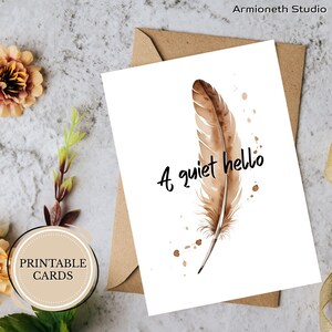 Afdrukbare kaart Thinking of You – 'A Quiet Hello' – aquarel bruine veren – Voorzichtig inchecken en zachte verbinding – Digitale download