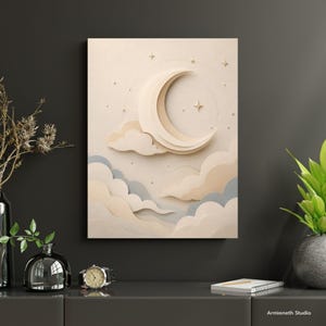 Crescent Cloud Haven Wall Art - Layered Paper Canvas Print - Celestial Nursery Wall Decor - Calm Dreamy Art