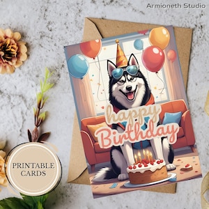 Cooler Husky Geburtstagskarte - lustiger Hund zum Ausdrucken, Sonnenbrille & Kuchen, digitale Grußkarte für Tierliebhaber, Sofort Download