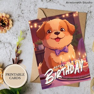 Cartão de Feliz Aniversário para Cachorro – Cartão Digital Engraçado para Amantes de Animais de Estimação com Bolo e Gravata Borboleta para Imprimir
