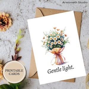 Beileidskarte zum Ausdrucken - “Sanftes Licht”. – Gänseblümchen Aquarell für Hope & Quiet Support – Faltbarer digitaler Download für nachdenkliche Momente
