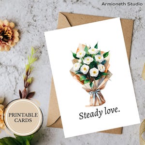 Beileidskarte zum Ausdrucken - “Steady Love”. – Weißes Kamelien-Design für ruhigen Komfort – Faltbare digitale Karte – Druckbare, durchdachte Unterstützung