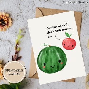 Tarjeta de amor imprimible "Me mantienes fresco" - Linda felicitación digital de frutas de verano para pareja o amigo - Descarga de tarjeta de sandía y manzana