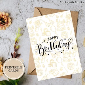 Minimalistische Geburtstagskarte - Elegante Gold Line Art druckbare, edle Klappkarte mit Geschenken & Kuchenmuster, digitaler Download