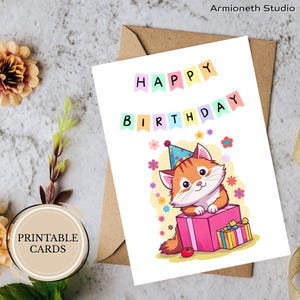 Süße Katzen Geburtstagskarte zum Ausdrucken - Lustige Kitty mit Geschenkbox, digitale Grußkarte, Sofort-Download für Katzenliebhaber oder Freunde