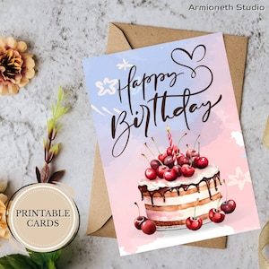 Kirschtorte Geburtstagskarte - Eleganter druckbarer Gruß mit rosa Aquarell & Dessert Kunst, süßer digitaler Download für Feinschmecker