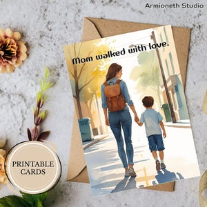 Druckbare Karte für Mama – Mama ging mit Liebe – Sanfte Aquarell Wanderszene zum Muttertag, Erinnerung, Dankbarkeit – Faltbarer Download