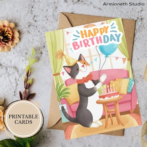Tuxedo Cat Geburtstagskarte - Niedliche Grußart für Katzenliebhaber, lustige digitale Party Karte mit Kuchen & Luftballons, Sofort Download