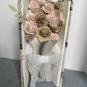 Handmade Folded Book Vase: Neutral Paper Flowers, Paris Fabric