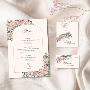 Modelo de cartão de lugar romântico para casamento – Canva editável – Versões plana e dobrada – Design com blush suave – Imprimível – Download instantâneo
